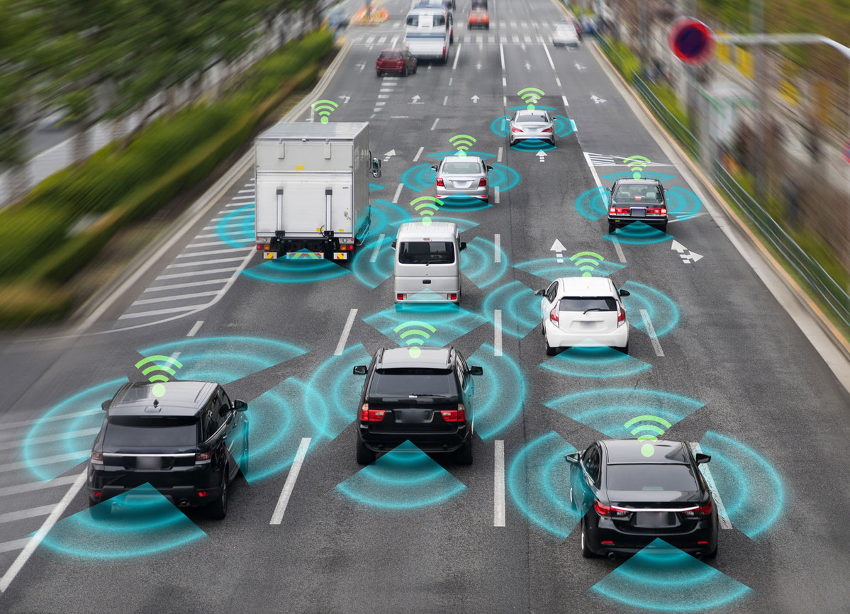 Cars on road with connected data illustrations
